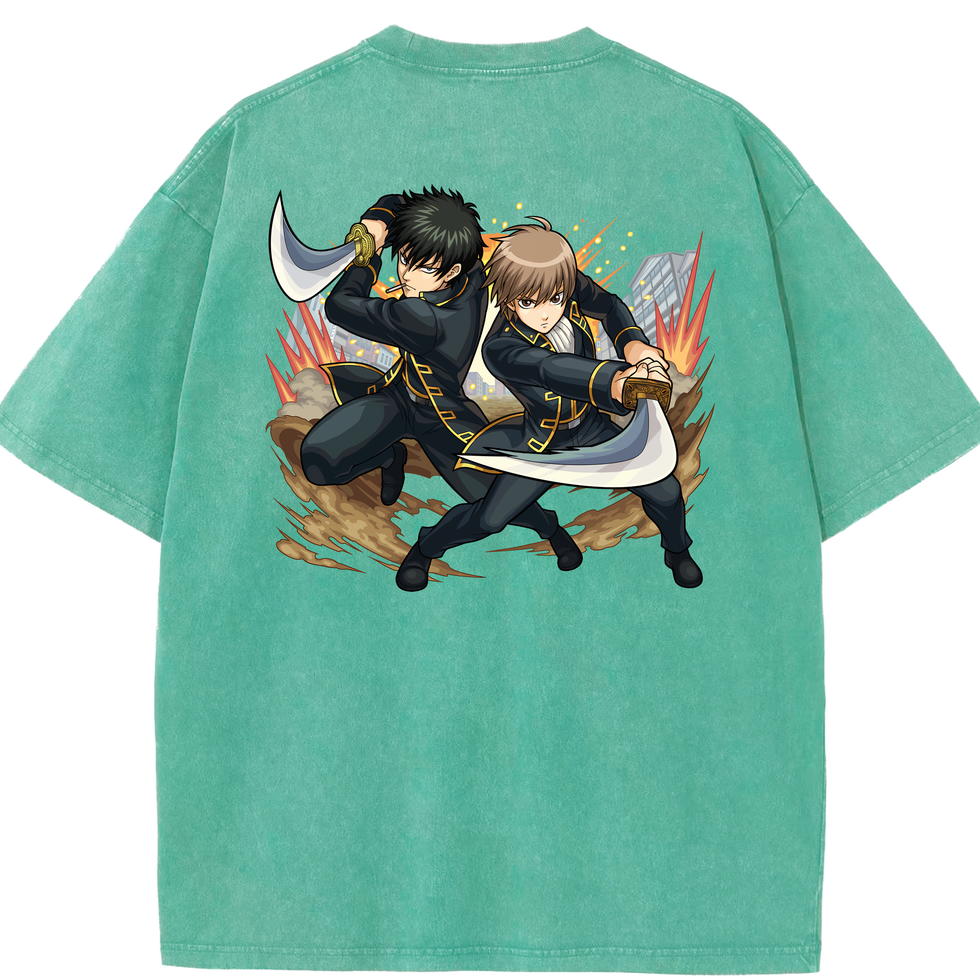 （画像用） ぎんたま 坂田銀時（さかたぎんとき） 神楽 志村新八（しむら しんぱち） GINTAMA Sakata Gintoki Kagura Shimura Shinpachi 綿100% ヴィンテージ風 半袖Tシャツ（背面プリント）